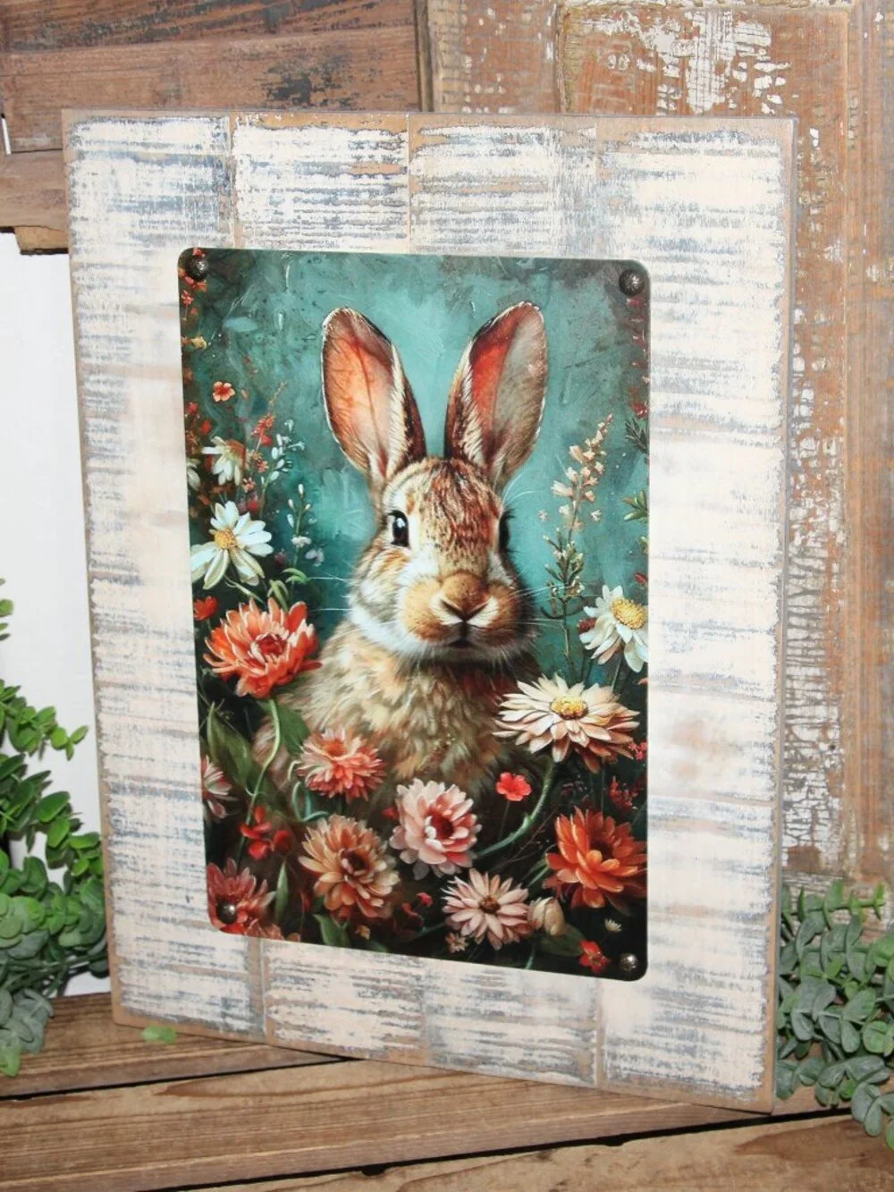 NEW Large Shabby French Country Farmhouse Bunny Rabbit & Wild Flowers Wall Decor